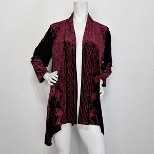Andrew by Unit Velvet Embroidered Bohemian Burgundy Open Front Duster Size L